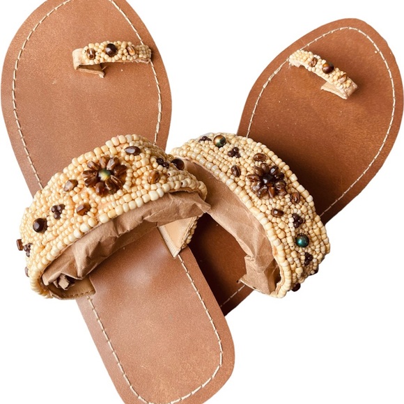 Women's Full Beaded Stretch Sandals Summer Beach Slip On Toe Ring Flat Shoes - Picture 4 of 7